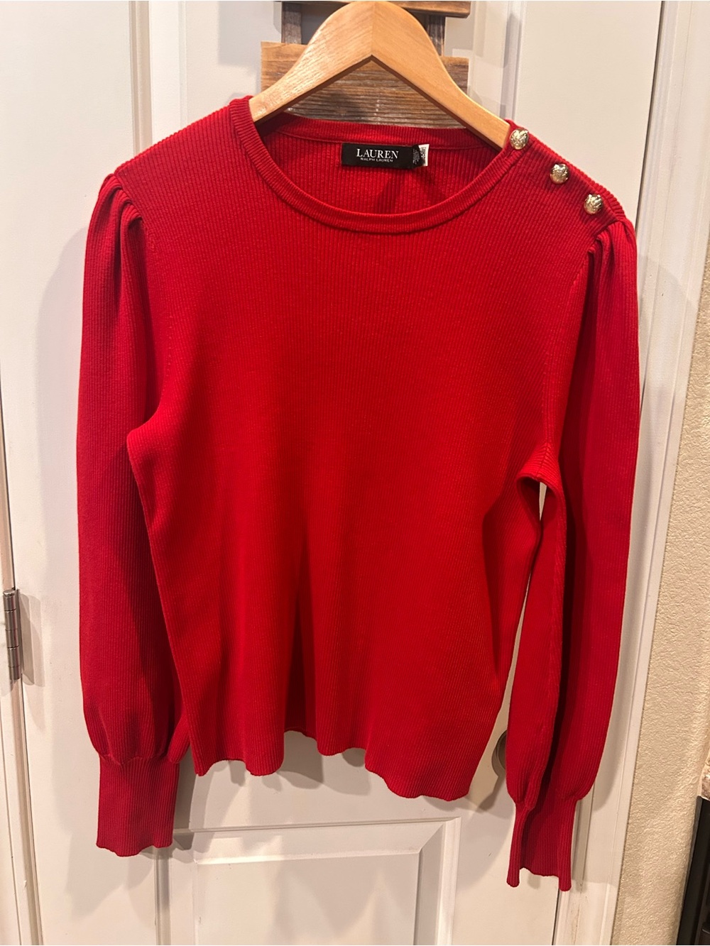Lauren Ralph Lauren Red Ribbed Knit Sweeter Gold Button Detail Black Label
